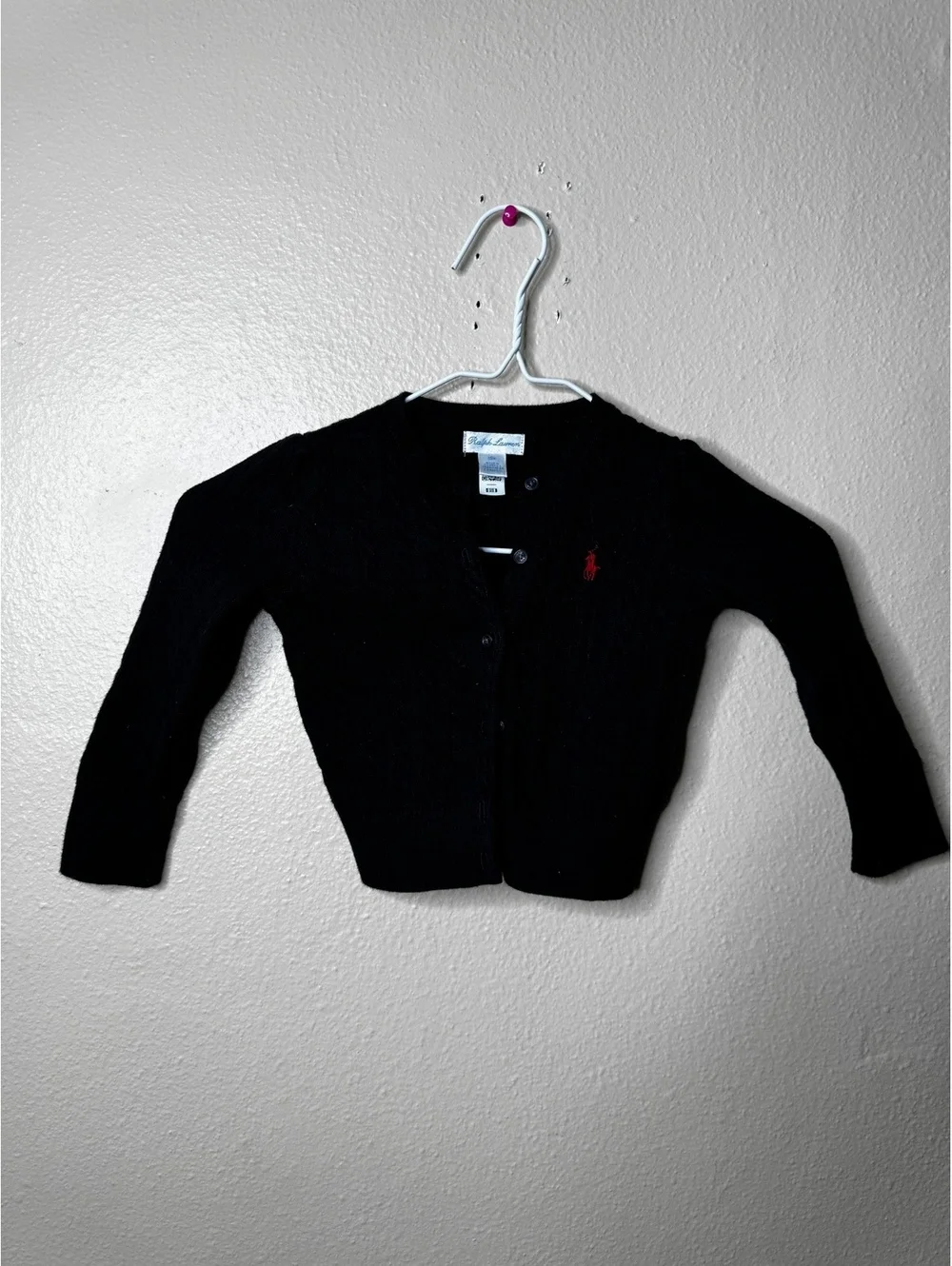 Ralph Lauren Unisex Baby 18M Black Cotton Cable Knit Cardigan Red Pony